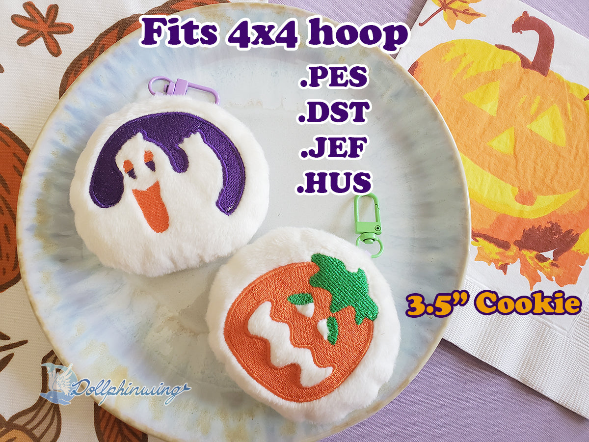 Halloween cookie ith embroidery files on plushies, fits 4x4 hoop, available in .PES, .DST, .JEF, .HUS formats.